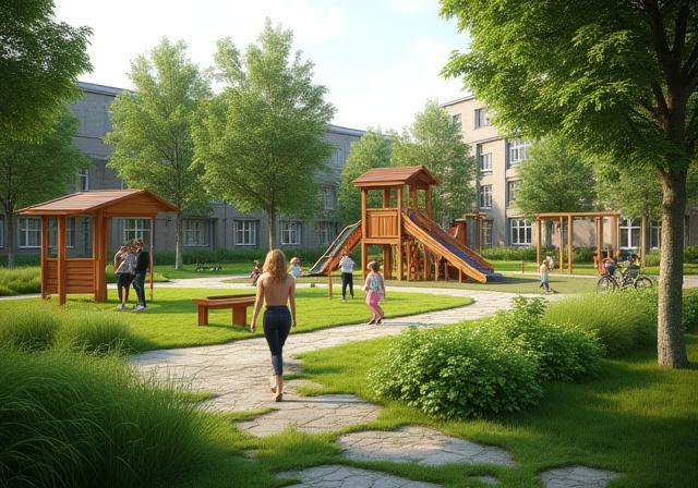 Den nye bydelsparken i Bergen med lekeplass og grøntområder